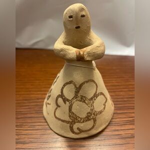 Folk Art Lady Bell ceramic Pottery Signed Unique Effigy Odd Woman Bell